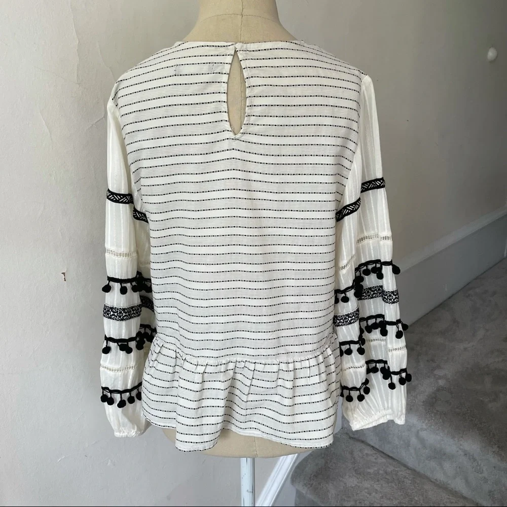 Zara Pom Pom Puff Sleeve Cotton Peasant Blouse